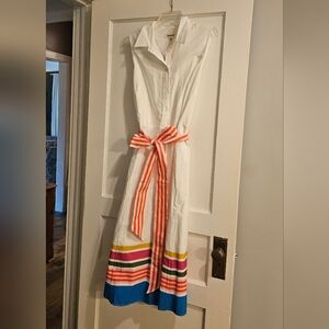 Boden White Sleeveless Shirt Dress with Stripe Sash, Size 16/18 NWT